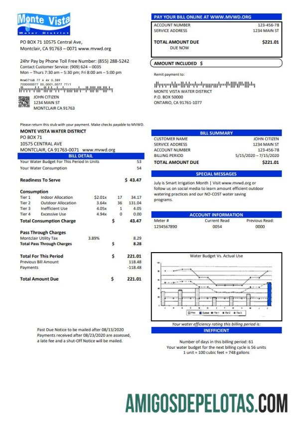 Em branco modelo de conta de serviços públicos do distrito aquático de Monte Vista, EUA, Califórnia, em formato Word e PDF